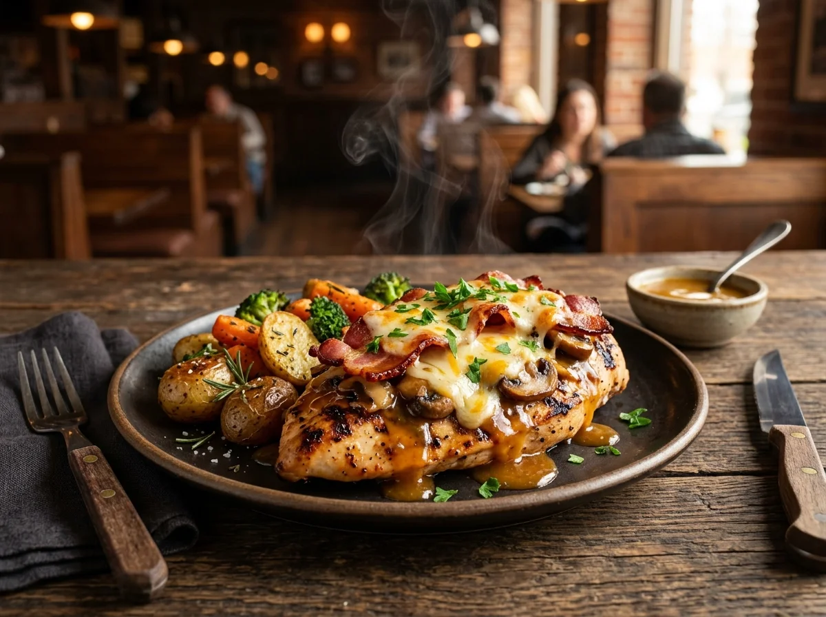 Alice Springs chicken topped with bacon cheese mushrooms and honey mustard sauce