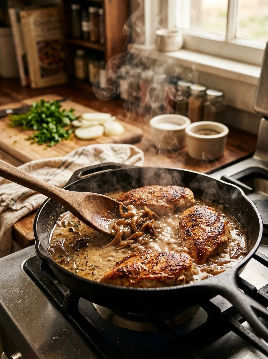 Cooking smothered chicken in skillet with onion gravy