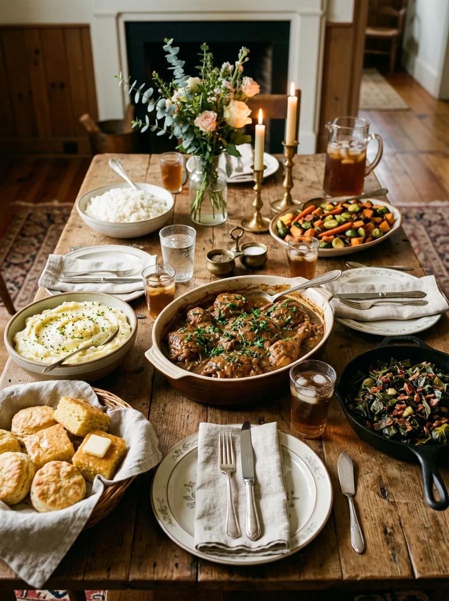Smothered chicken served with Southern side dishes on dinner table