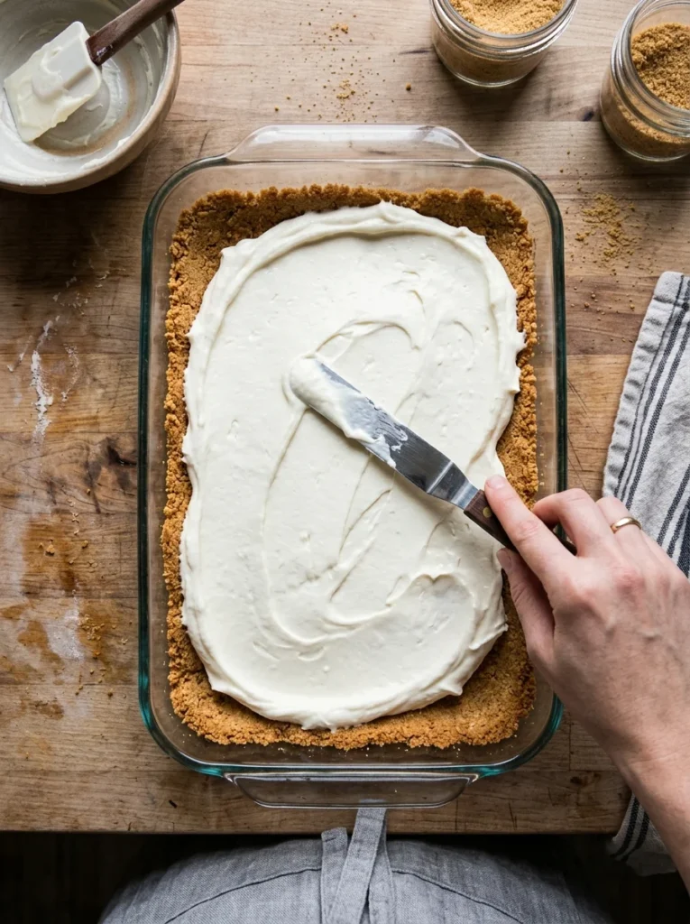 Spreading the creamy layer of a banana split icebox cake