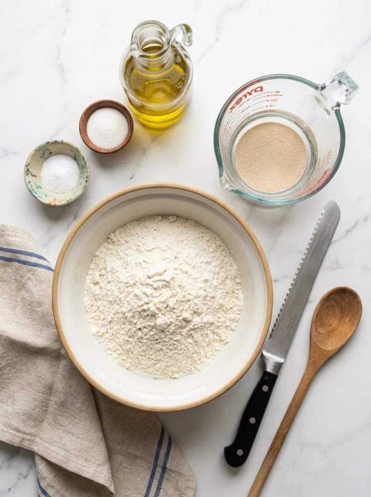 Flat lay of flour, yeast, and water for making bread on a marble table