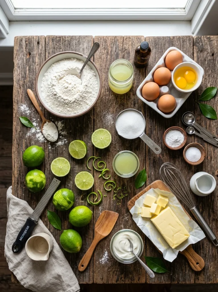 Fresh ingredients for key lime cake on a wooden table
