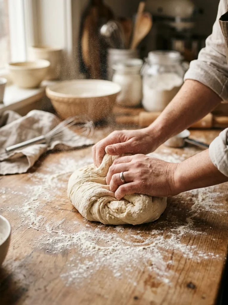 Baker kneading soft, elastic bread dough on a floured countertop
