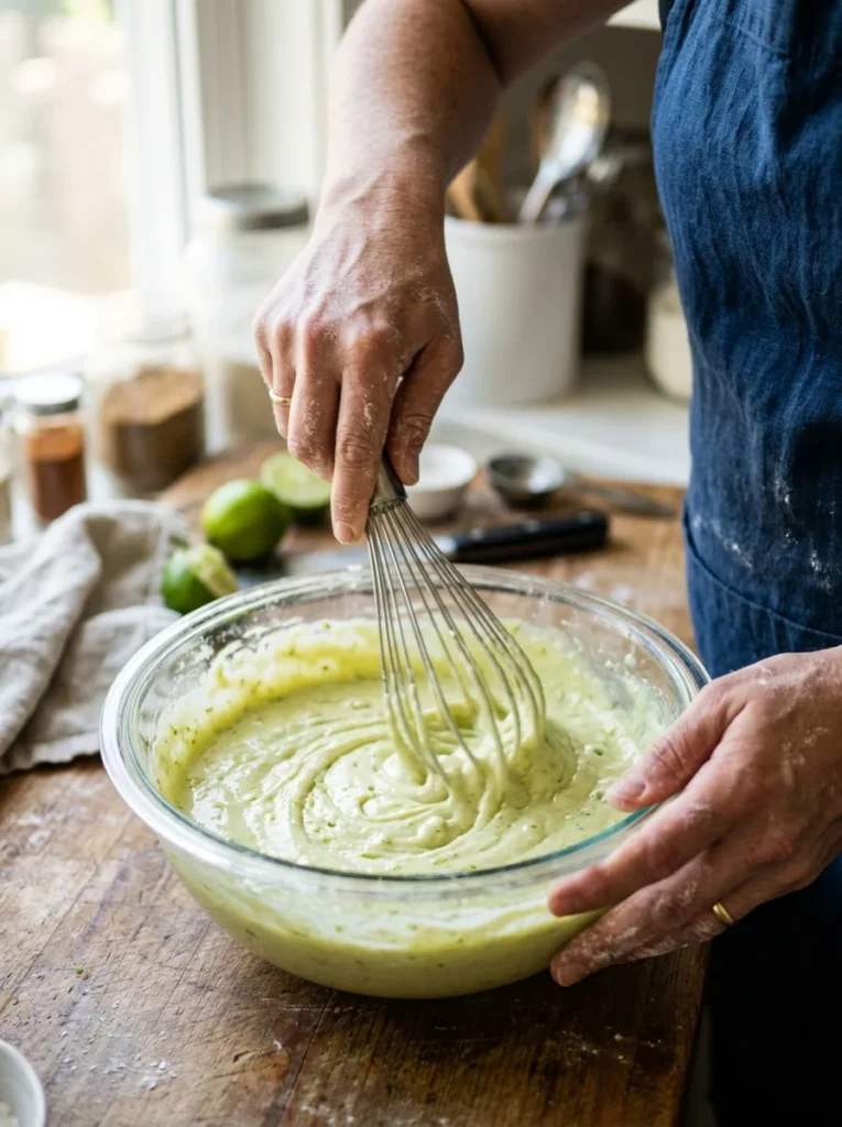 Whisking wet ingredients for key lime cake batter