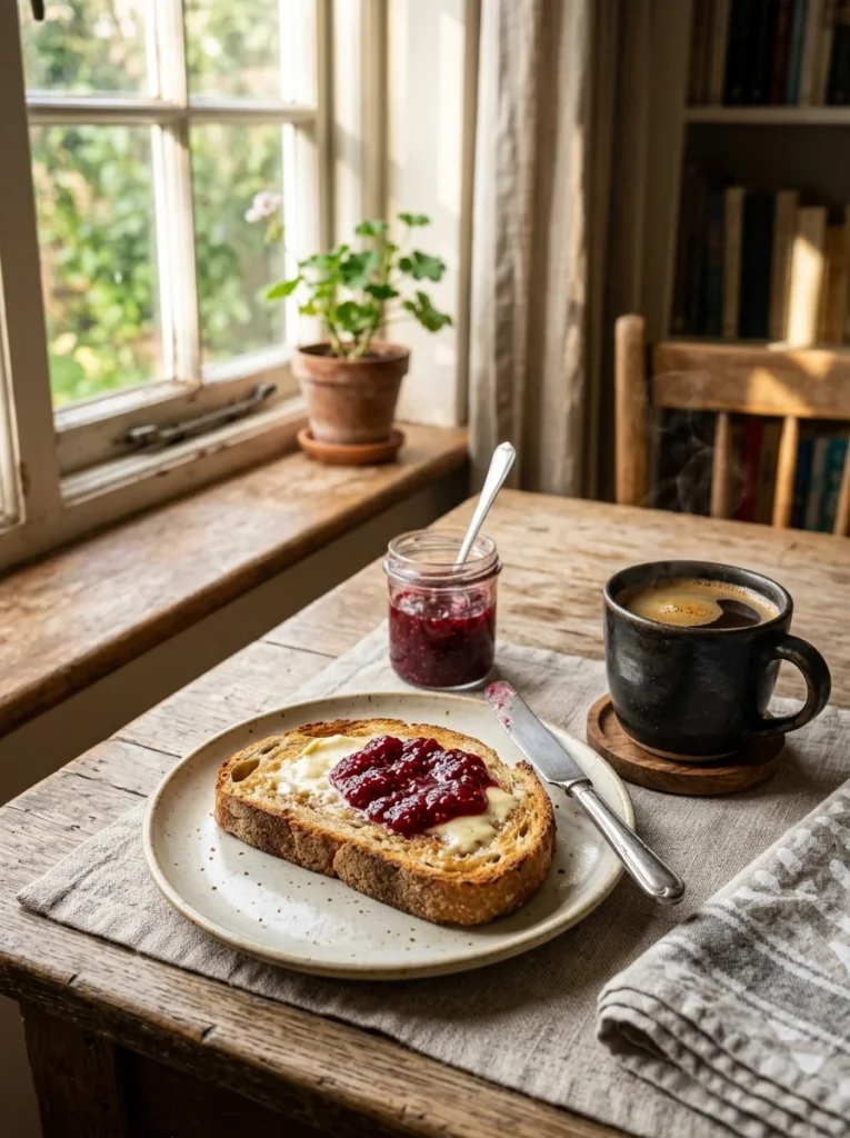 Toasted homemade sandwich bread with butter and a cup of coffee