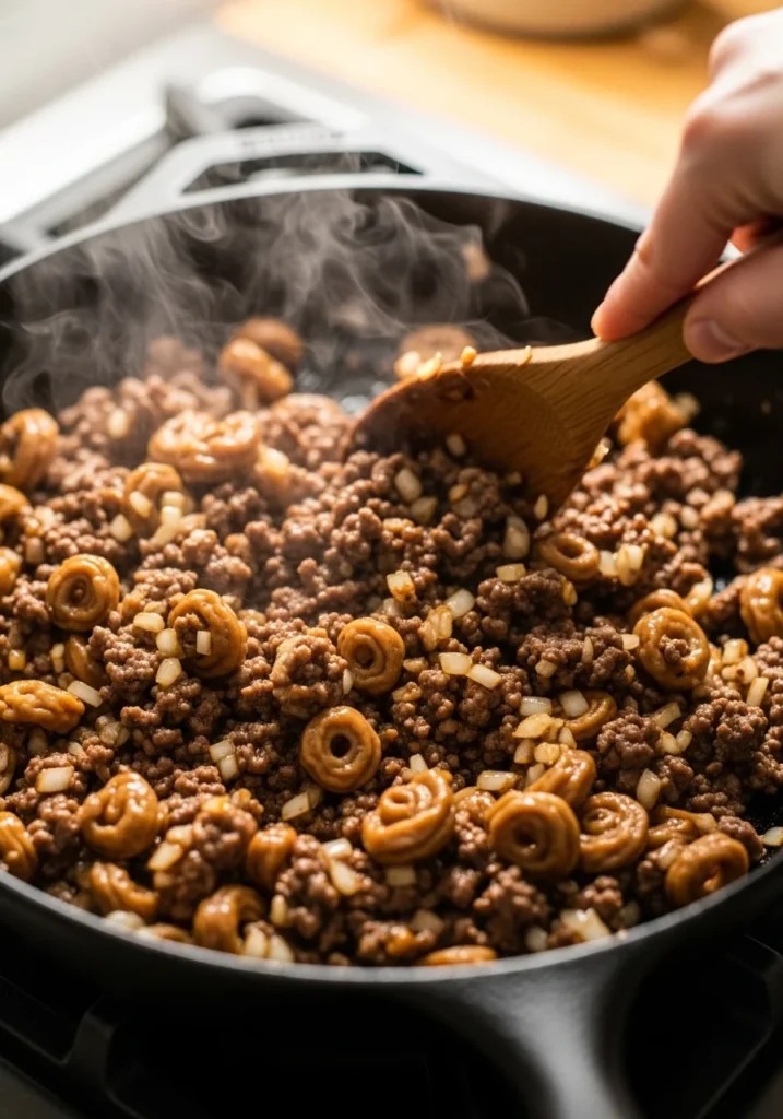 cooking ground beef with soy curls in pan