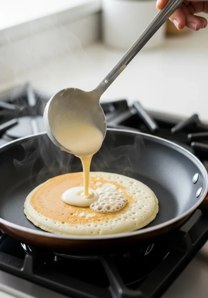 pouring pancake batter on skillet Kodiak Cakes pancakes cooking