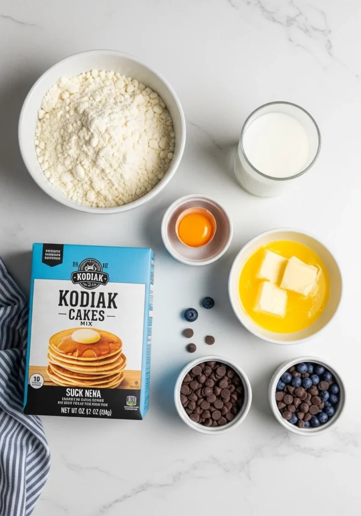Kodiak Cakes pancake ingredients including mix milk egg and butter