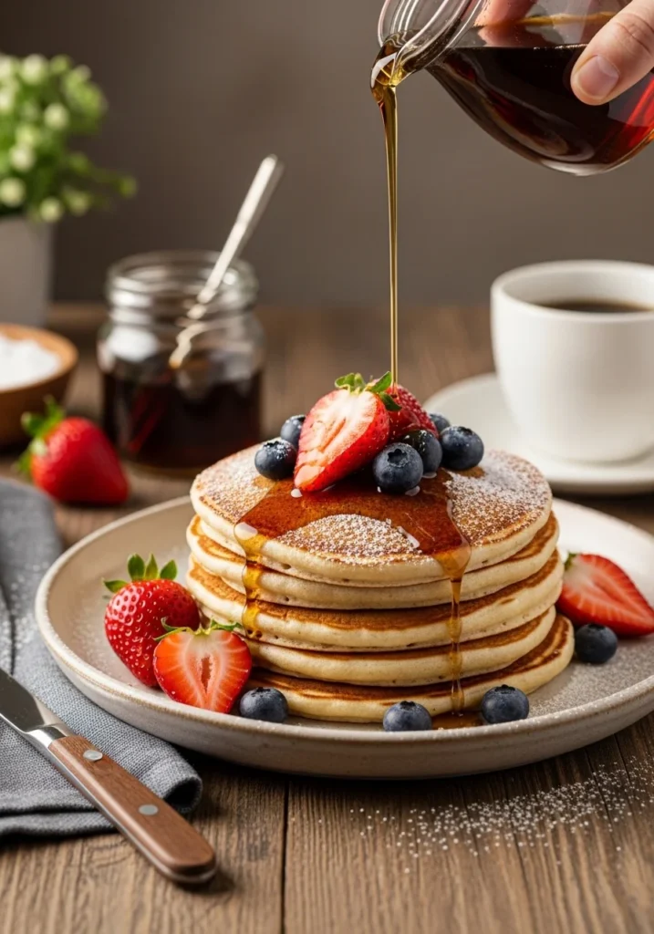 Kodiak Cakes pancake recipe with fresh fruit and maple syrup