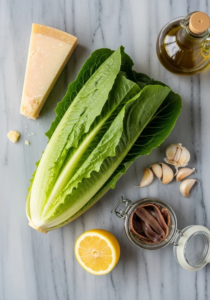 Ingredients for homemade Caesar salad recipe.
