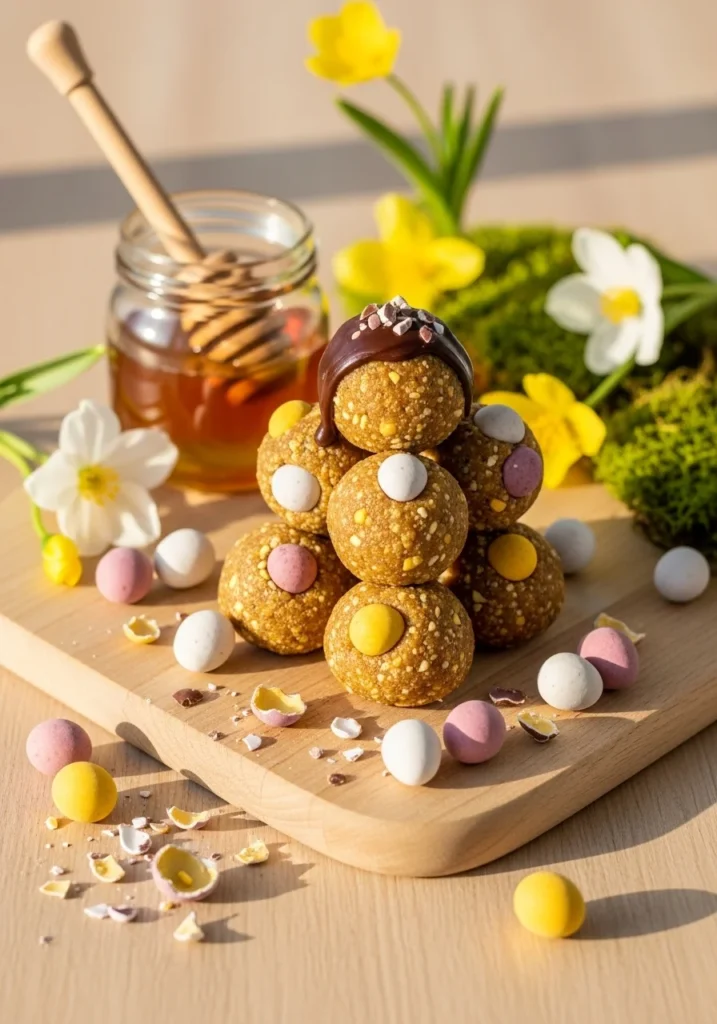 Cadbury egg protein balls served on a spring board with Mini Eggs, honey, and chocolate drizzle