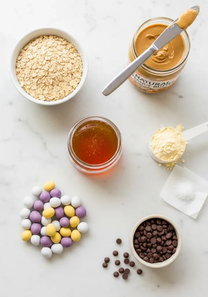 Ingredients for Cadbury egg protein balls recipe — oats, peanut butter, honey, protein powder and Mini Eggs