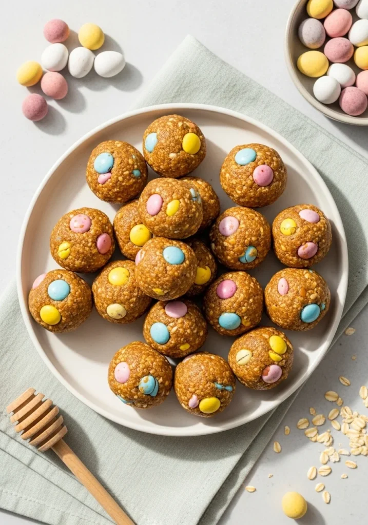 Cadbury egg protein balls recipe — no-bake protein bites with colorful Mini Egg pieces on a white plate
