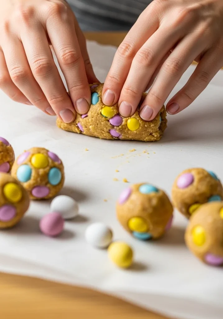 Rolling Cadbury egg protein balls by hand — no-bake recipe preparation on parchment paper
