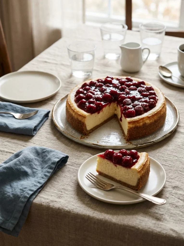 Angeschnittener Käsekuchen mit Kirschen auf dem Servierteller