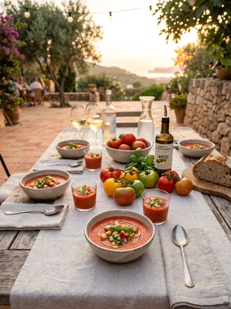 Gazpacho Rezept serviert in Gläsern auf Sommertisch