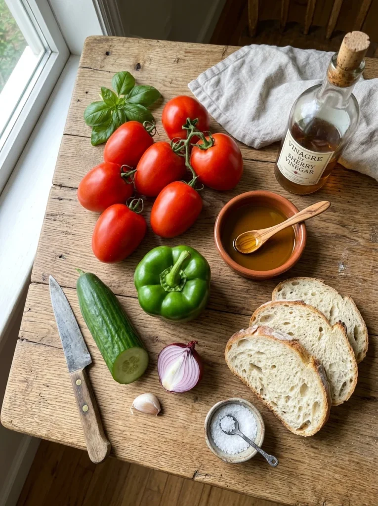 Frische Zutaten für Gazpacho Rezept: Tomaten, Paprika, Gurke, Olivenöl