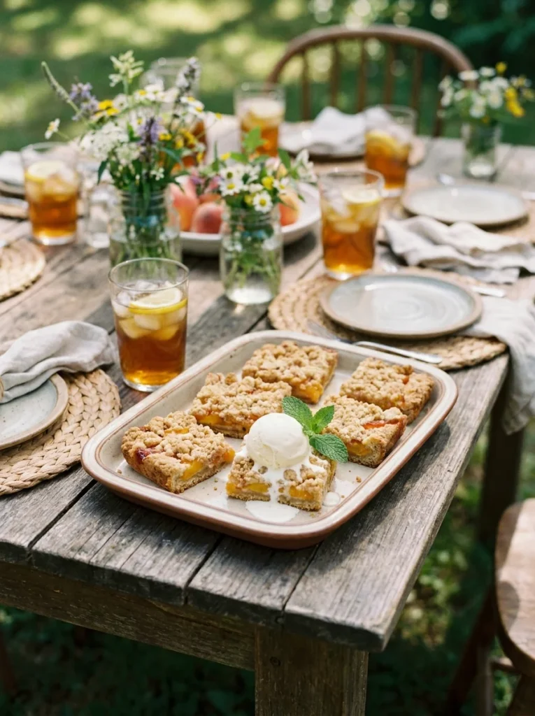 Eine Servierplatte voll mit frisch gebackenen Pfirsich-Streusel-Riegeln auf einem Gartentisch neben Eistee.