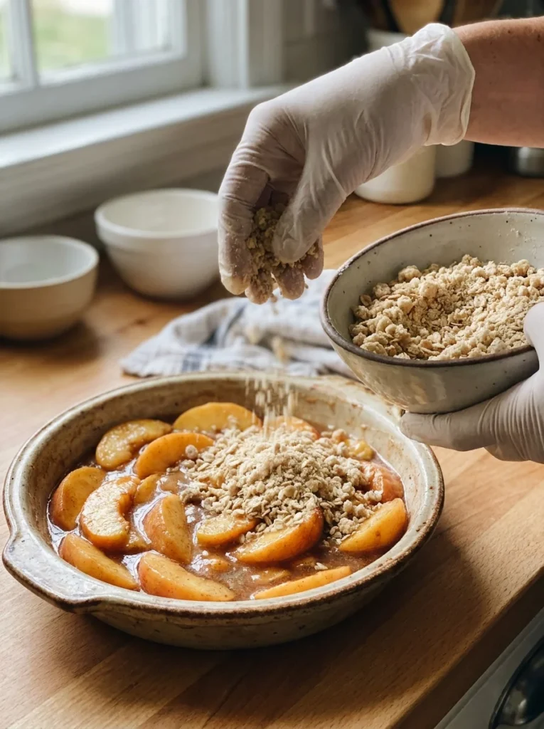 Drei Teilschritte der Zubereitung: Streusel reiben, Boden in der Form festdrücken und die Pfirsichschicht einfüllen.