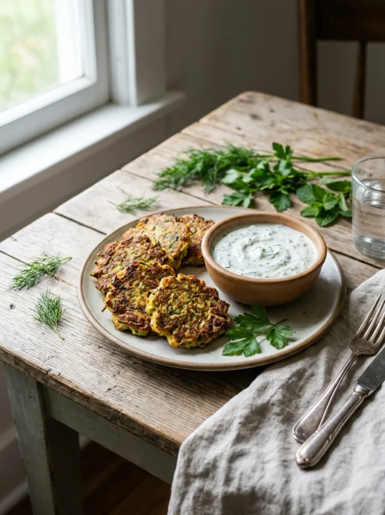 Zucchinipuffer Rezept serviert mit Dip