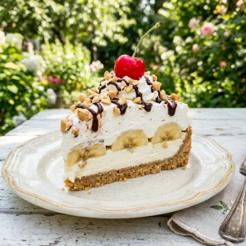 A finished classic banana split cake ready to serve