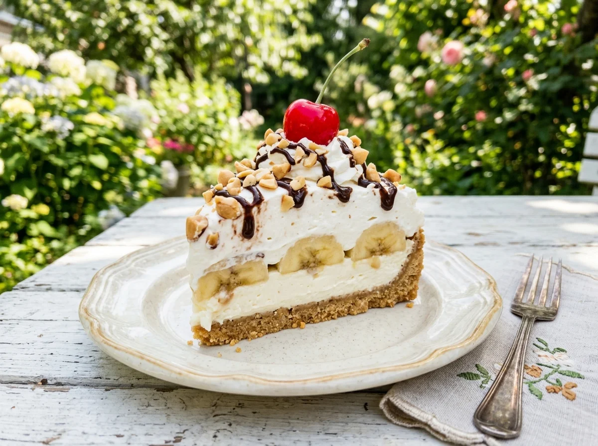 A finished classic banana split cake ready to serve