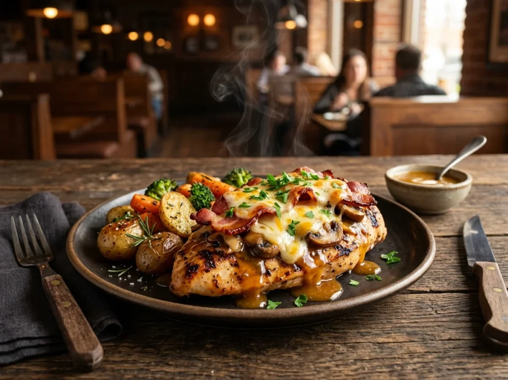 Alice Springs chicken topped with bacon cheese mushrooms and honey mustard sauce