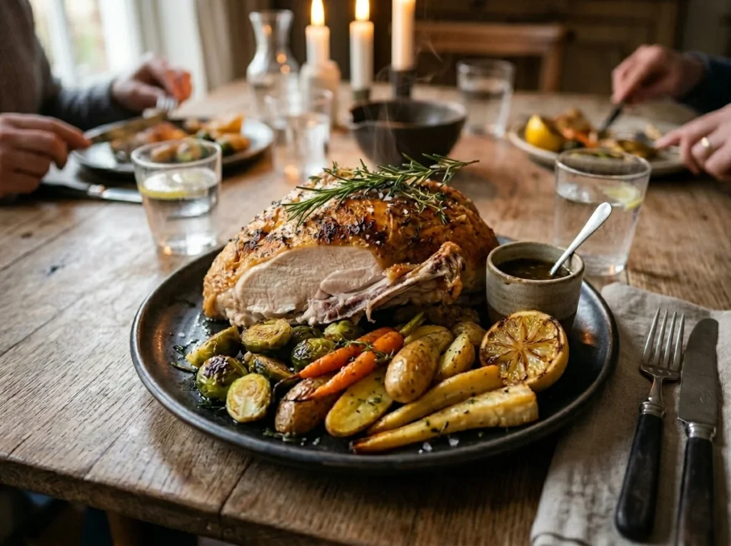 Roasted bone in chicken breast with crispy skin and vegetables