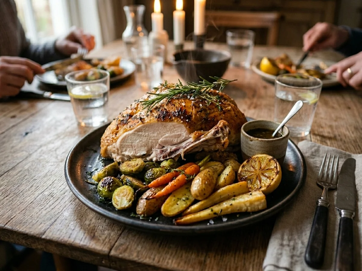 Roasted bone in chicken breast with crispy skin and vegetables