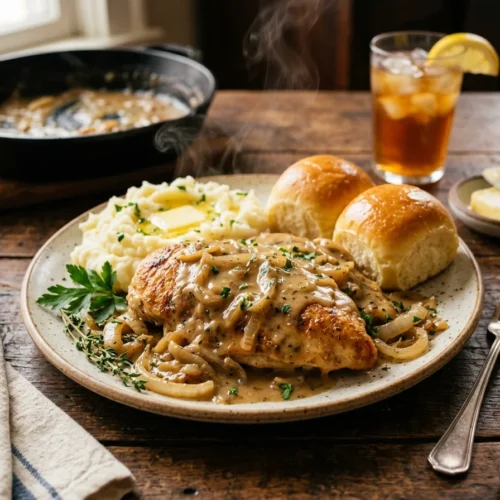 Ein realistisches Foto von cremigem Smothered Chicken in einer Schüssel auf einem Holztisch, garniert mit Petersilie.