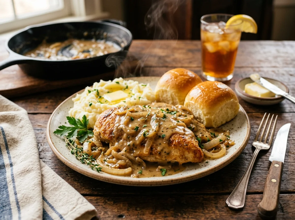Southern smothered chicken recipe with creamy onion gravy and mashed potatoes