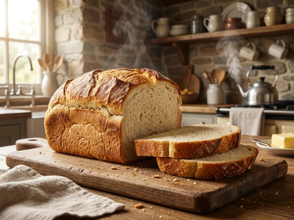 Golden-brown freshly baked sandwich bread sliced on a rustic wooden board