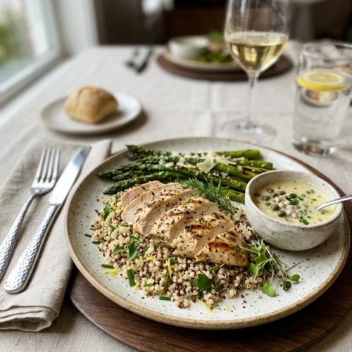 Grilled thin chicken breast served with quinoa and asparagus
