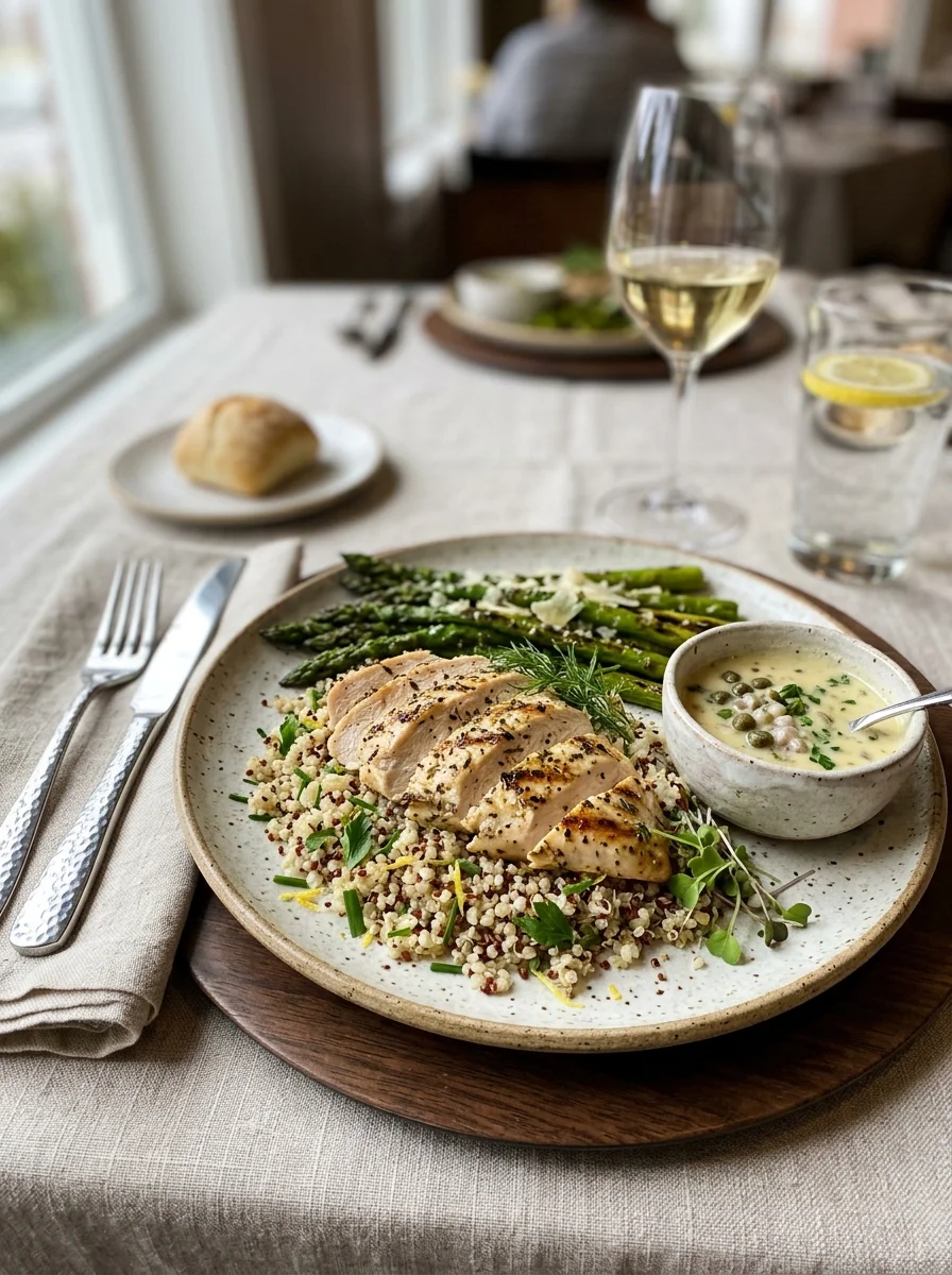 Grilled thin chicken breast served with quinoa and asparagus