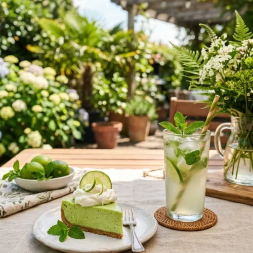 Slice of key lime cake with whipped cream on a plate