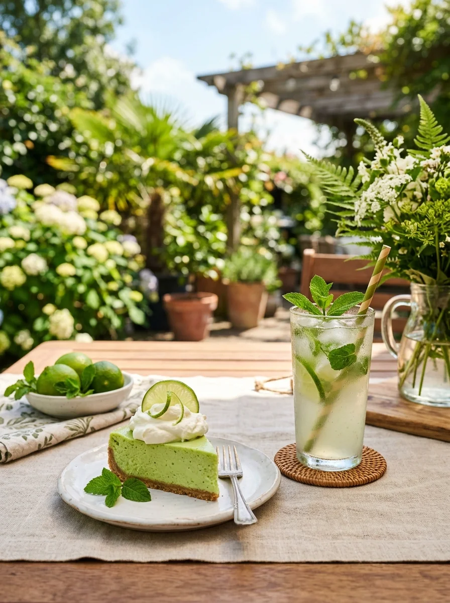 Slice of key lime cake with whipped cream on a plate