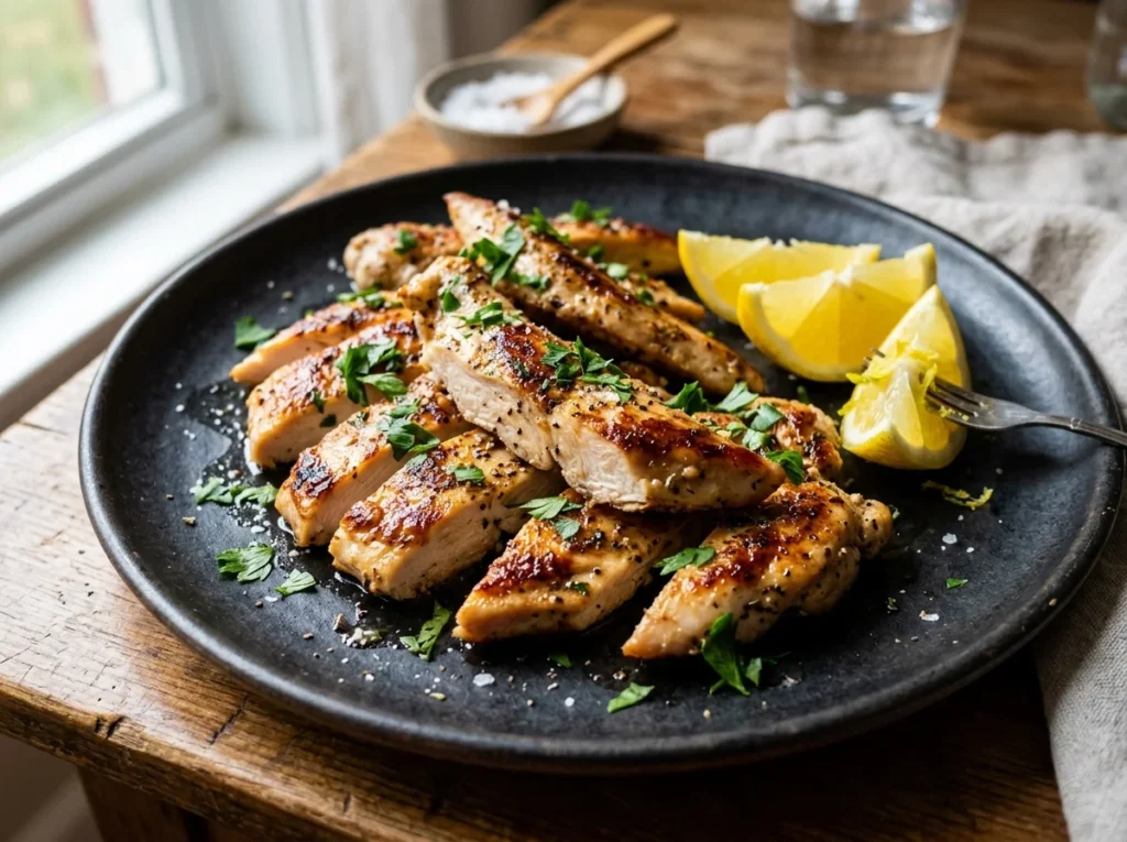 Pan-seared thin sliced chicken breast with lemon and herbs