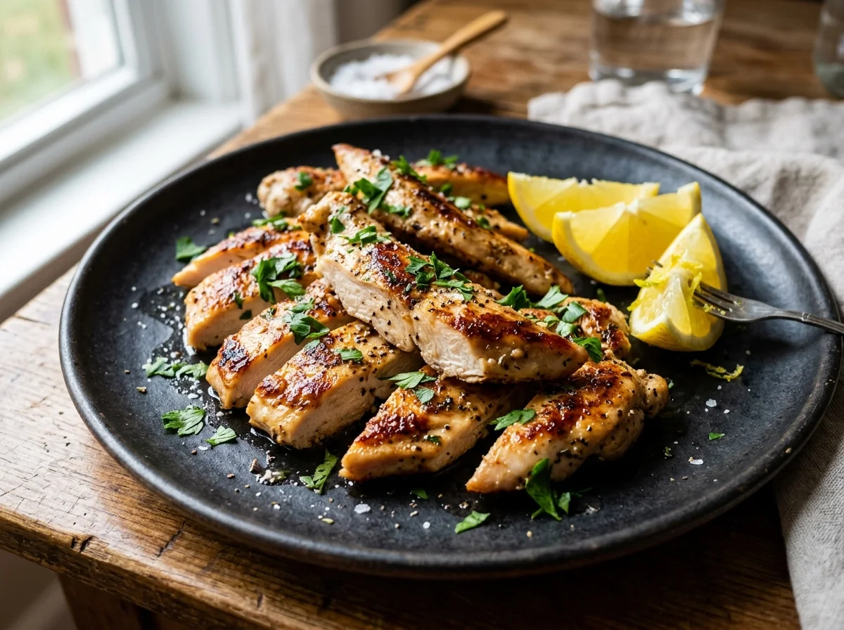 Pan-seared thin sliced chicken breast with lemon and herbs