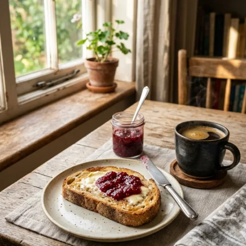 Toasted homemade sandwich bread with butter and a cup of coffee