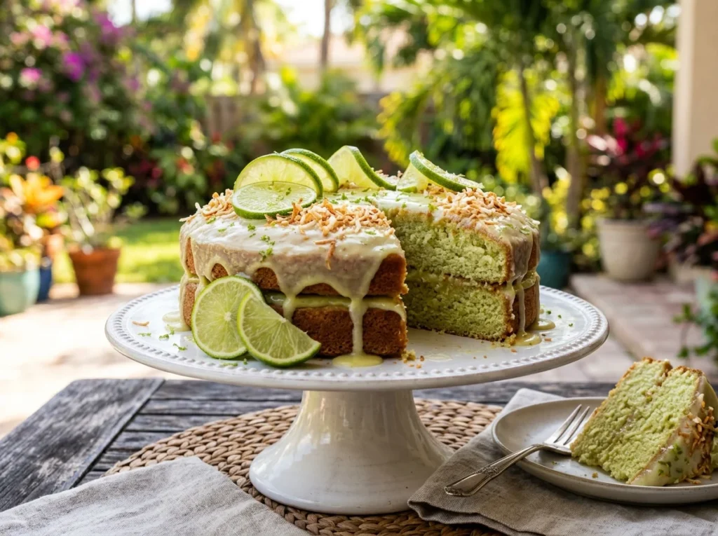 Moist key lime cake with citrus glaze on a cake stand