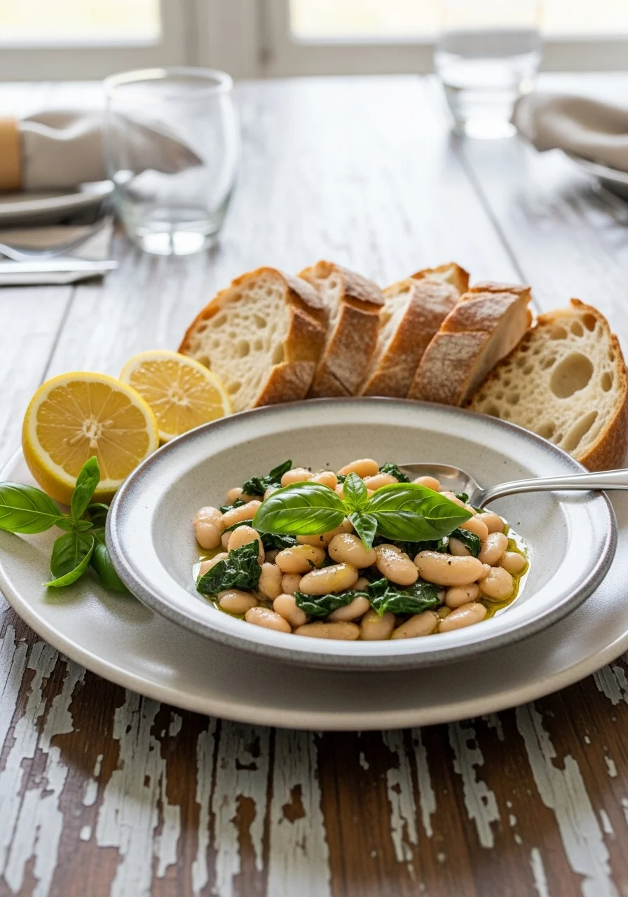 white bean and basil recipe served on table