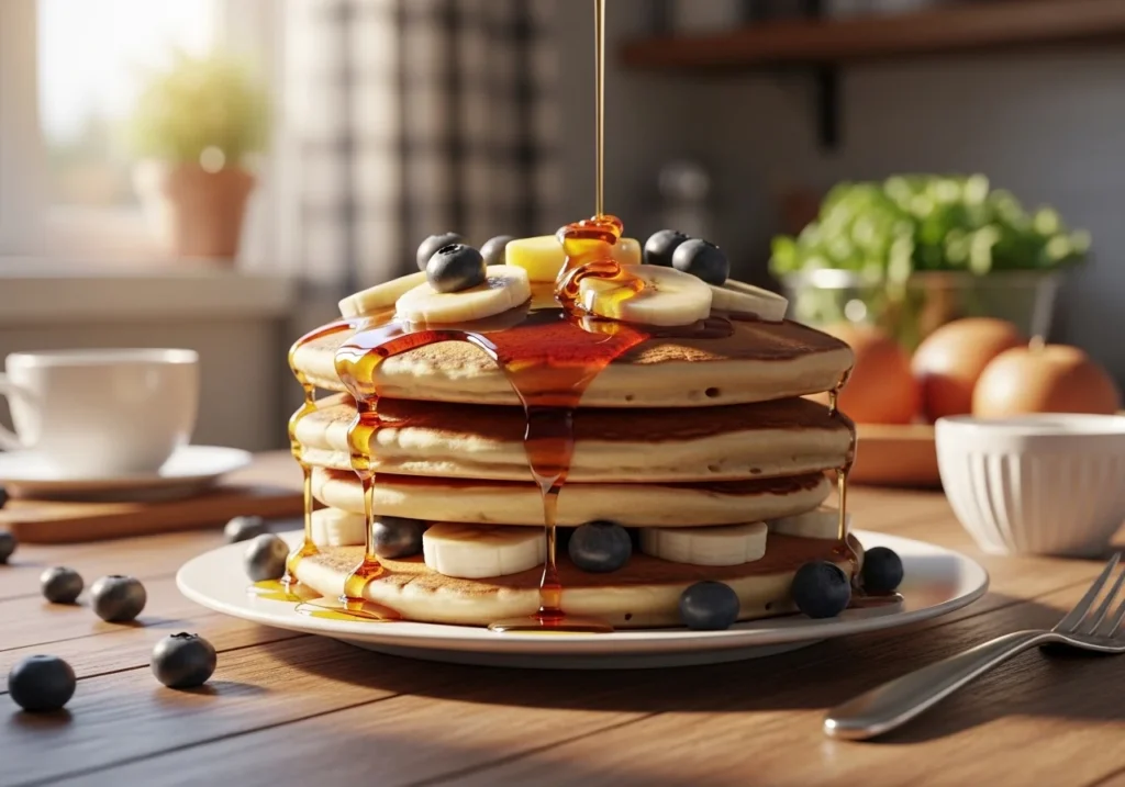 Kodiak Cakes pancakes served with syrup and berries on table