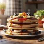 Kodiak Cakes pancakes served with syrup and berries on table