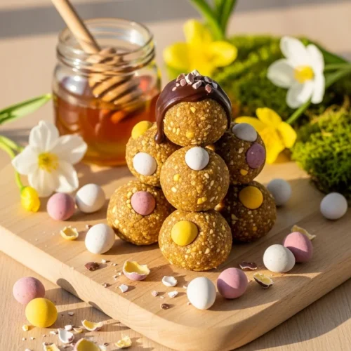 Eine Servierplatte voll mit bunten Oster-Proteinballs auf einem festlich gedeckten Ostertisch neben Tulpen.