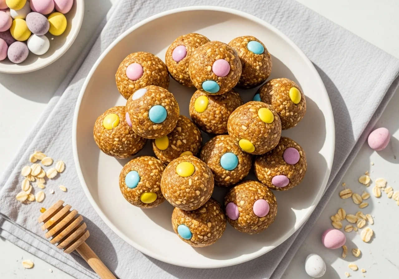 Cadbury egg protein balls recipe — no-bake protein bites with crushed Mini Eggs on a spring plate
