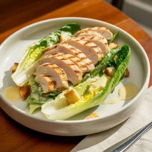 Ein fertig angerichteter Chicken Caesar Salad mit gegrillter Hähnchenbrust auf einem sommerlich gedeckten Tisch.