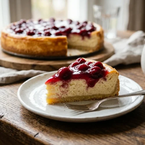 Cremiger Käsekuchen mit Kirschen, angeschnitten