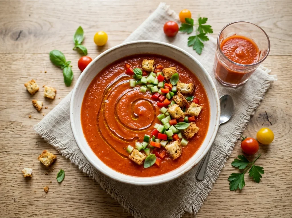 Gazpacho Rezepte klassisch andalusisch serviert mit Croûtons