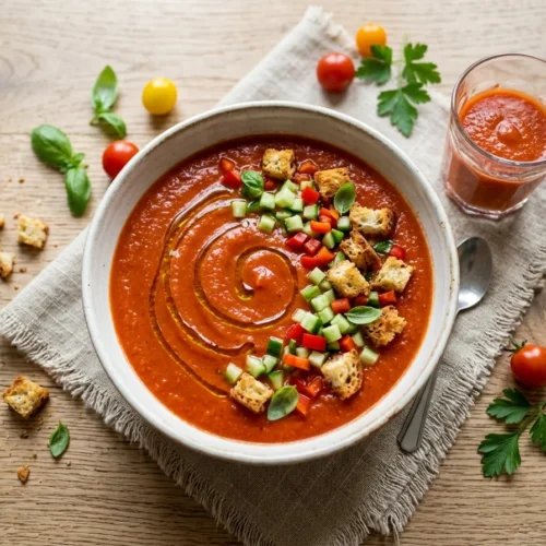 Gazpacho Rezepte klassisch andalusisch serviert mit Croûtons