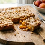 Ein perfekt quadratisch geschnittener Pfirsich-Streuselkuchen-Riegel auf einem Vintage-Teller mit einer Gabel.